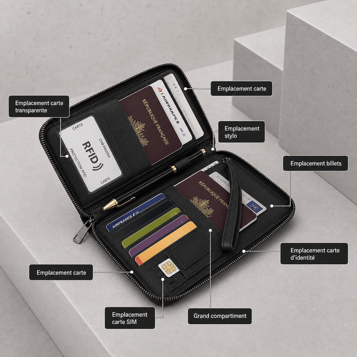 Portefeuille Long Homme Voyage Passeport RFID Dragonne