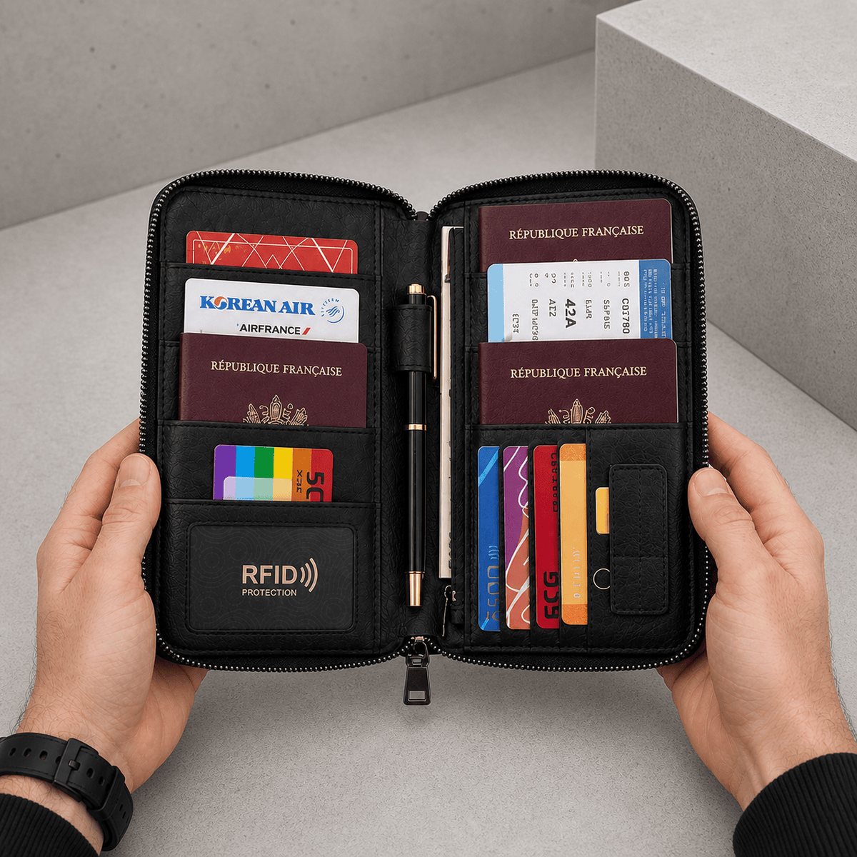 Portefeuille Long Homme Voyage Passeport RFID Dragonne